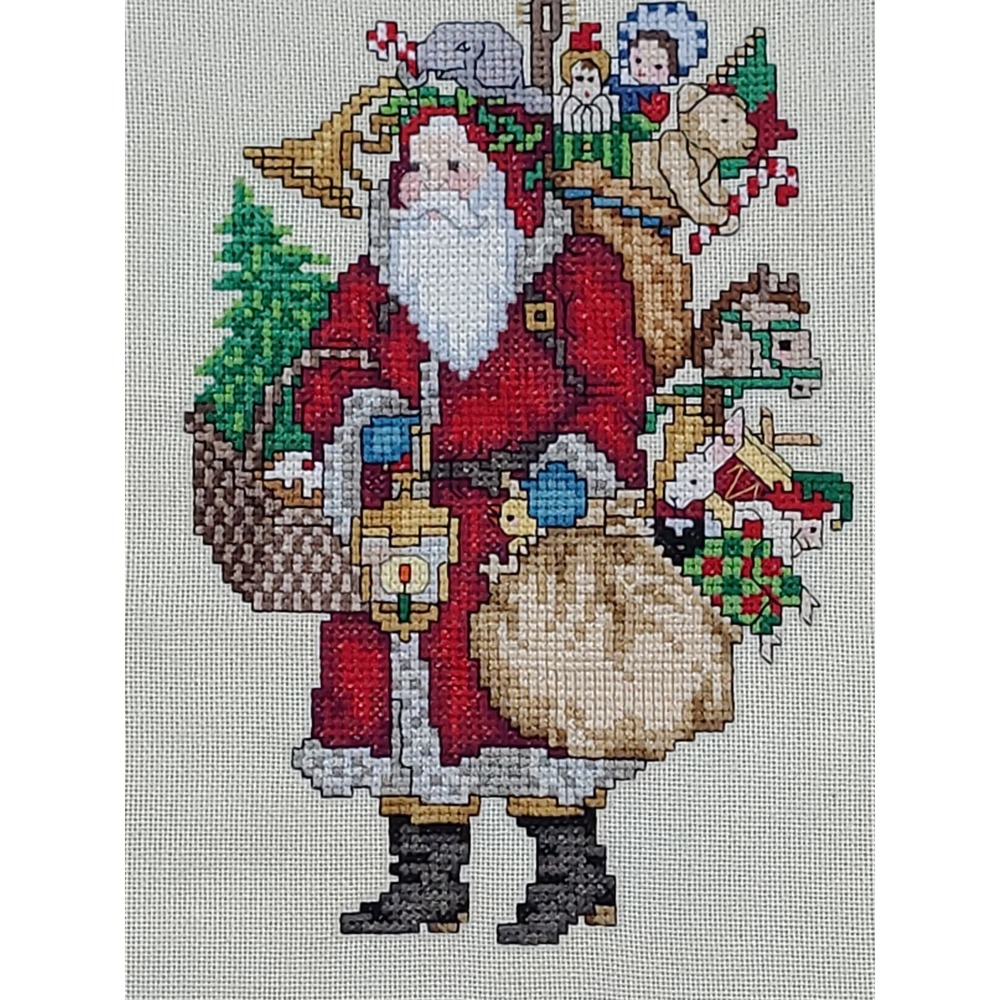 Handmade Finished Cross Stitch Santa Claus with Toys Christmas Holiday Decor
